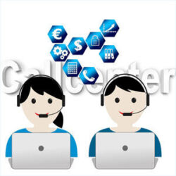 illustration of call center operators with laptops and icons